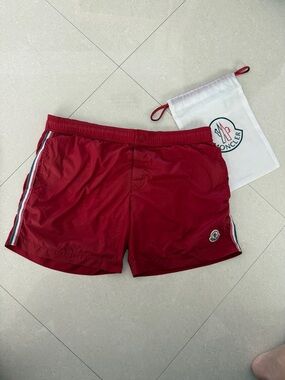 Moncler Men's Red Swim Shorts with Tricolor Trim Large
